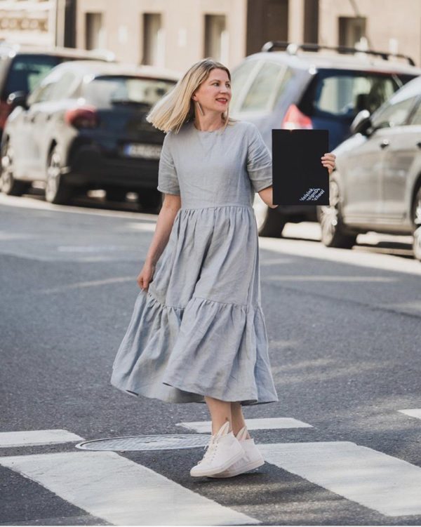 Laura gathered linen dress in Cloud Grey, made in finland