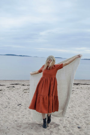 Gathered linen laura dress in rust, made in finland