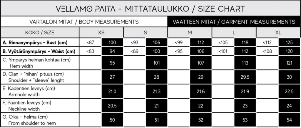 vellamo shirt size chart
